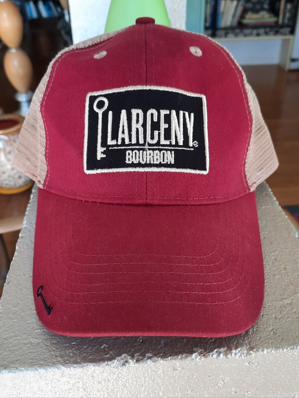 Larceny Bourbon Snapback Trucker Hat~~Burgundy and Khaki